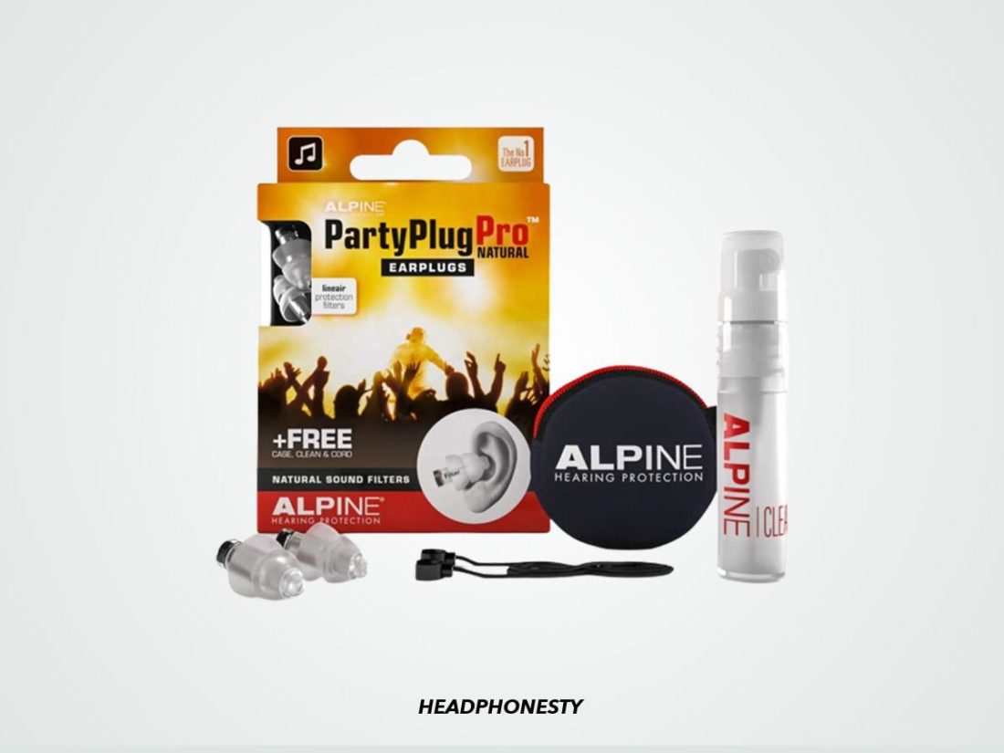 The Alpine PartyPlug Pro displayed with box and accessories. (from: Amazon)
