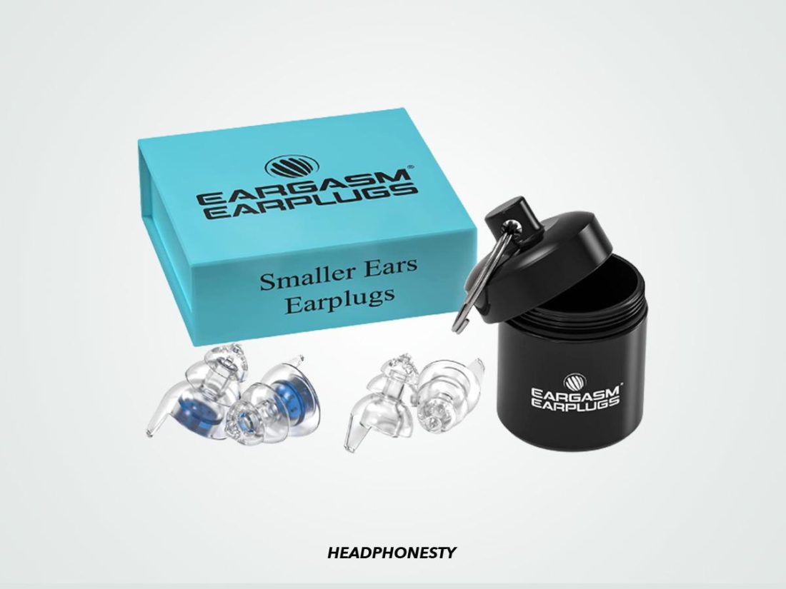 The Eargasm Smaller Ears Earplugs with box and accessories. (from: Amazon)