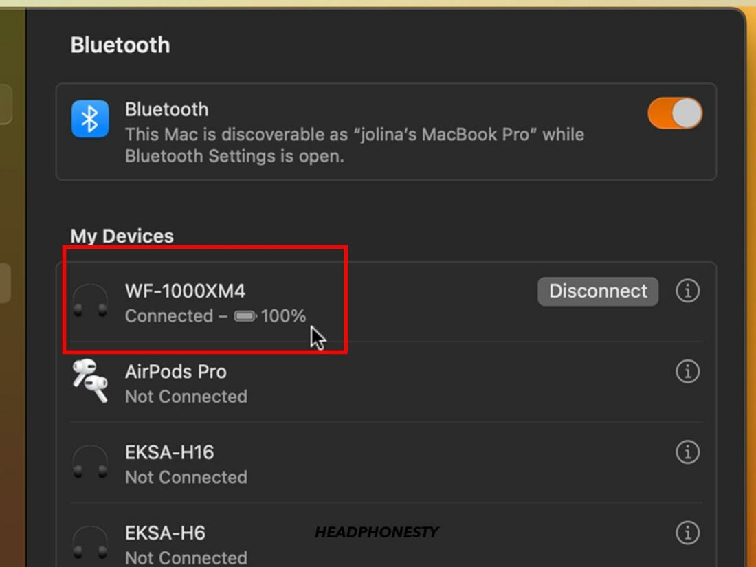 Bluetooth device battery percentage.