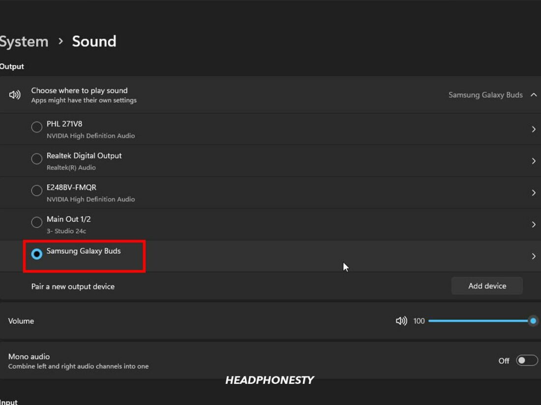 Click the and select the name of your earbuds from the list of output devices.